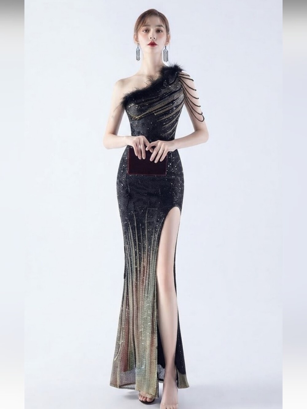 Black, One Shoulder Beaded, Gradient ,  Feather Neckline,  Sequined Mermaid Gown